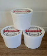 Three white 50 oz. containers with 'Ricottaware lids